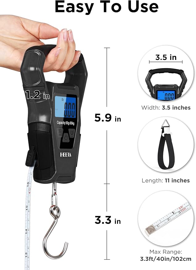 HEETA Waterproof Fish Scale Digital with Backlit LCD Display, 110lb/50kg Portable Hanging Scale Fishing Scale for Home and Outdoor, Measuring Tape and 2 AAA Batteries Included