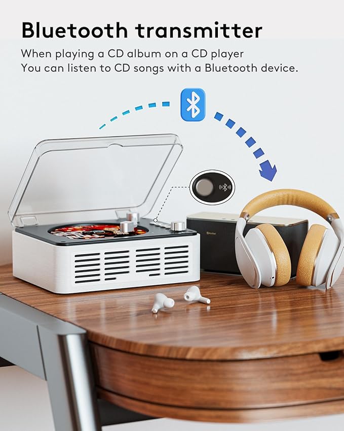 CARONSORT CD Player with Bluetooth Transmitter, Nostalgic Retro Wood Music Player, Built-in Speakers-Bass Boost, FM Radio for Home/Wired&Remote Control-White