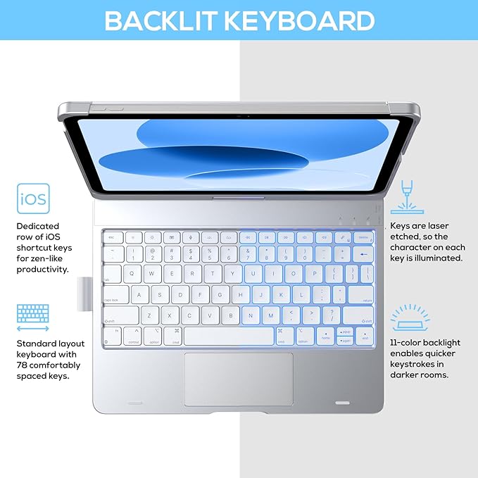 typecase Touch iPad 11th 10th Generation Case with Keyboard (11" 2025, A16 & 10.9" 2022) – 360° Rotatable, 11-Color Backlit, Multi-Touch Trackpad, Pencil Holder, Thin & Light – Silver