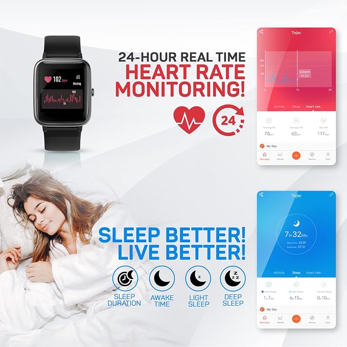 OCTANDRA Move VeryFitPro Smart Watch HR Heart Rate Sleep Monitor IP68 Waterproof Activity Fitness Tracker Step Counter Pedometer Exercise Running Watch Fitness Watches for Men & Women (ID205L) (Black)