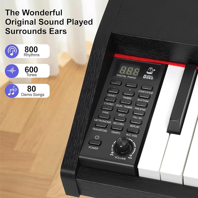 Digital Piano Keyboard 88 key,Semi-Weighted Electric Piano,Full Size Acoustic Piano for Beginners with,Pedal, USB-MIDI Compatibility (Black)
