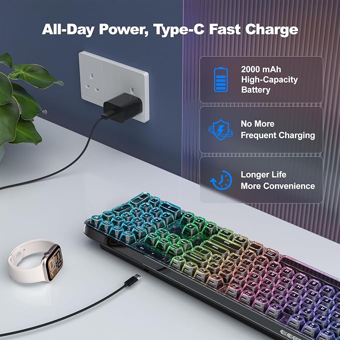 GEEZER Computer Backlit Keyboard Black Crystal - Full-Size Bluetooth Wireless Rechargeable Transparent Keycap Portable Keyboards Compatible with Windows, Laptop, PC, Desktop