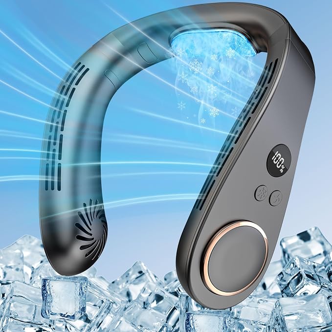 Neck Fans that Blows Cold Air with Cooling Plate, USB-C Rechargeable 5500mAh 3-15H long life, Portable Quiet AC with LED Display, Bladeless Personal Neck Cooler for Kids Adults Outdoor Travel, Black