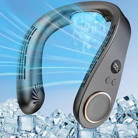 Neck Fans that Blows Cold Air with Cooling Plate, USB-C Rechargeable 5500mAh 3-15H long life, Portable Quiet AC with LED Display, Bladeless Personal Neck Cooler for Kids Adults Outdoor Travel, Black