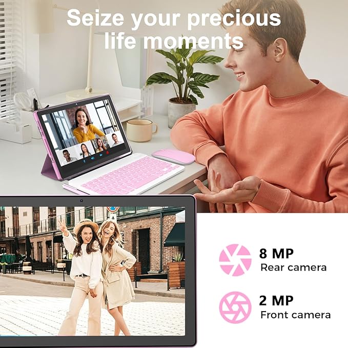 Android 15 Tablet 10 Inch, 12(3+9) GB RAM+64GB ROM, 2 in 1 Tablets with Keyboard Case Mouse Stylus, 1.8GHz Five-core Processor, 1280 * 800 IPS HD Screen, 5G WiFi6 BT 5.3 Tableta PC(Pink)