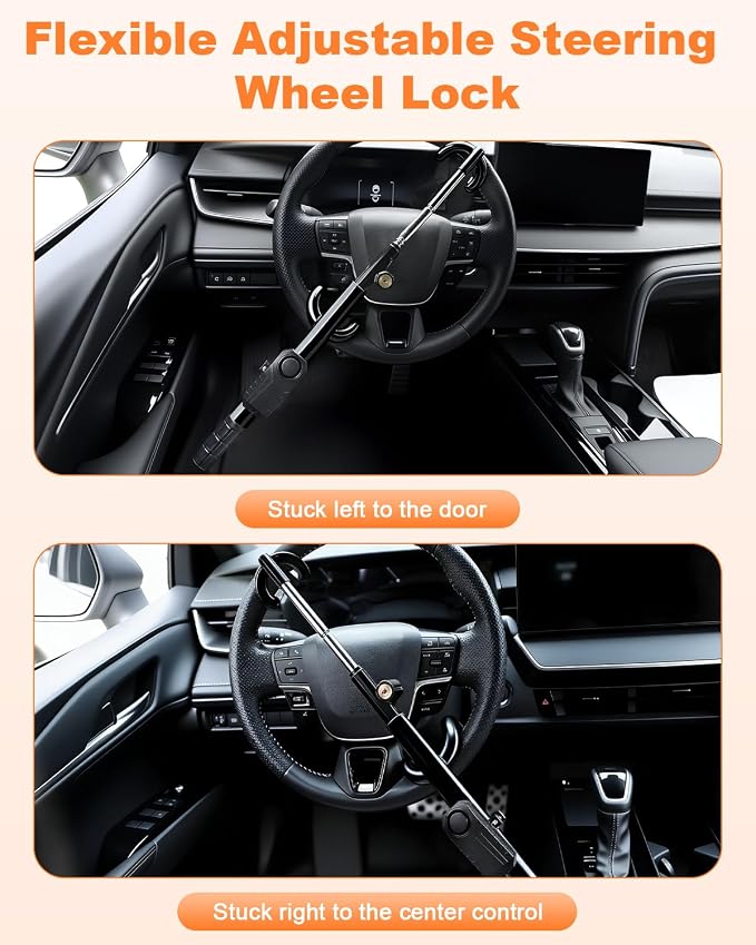 ELECTOP Black Steering Wheel Lock with 113dB Car Alarm Anti-Theft Device Double Hook Car Lock with Adjustable Locking & 2 Keys, Car Alarm System with Motion Sensor for Vehicle Truck Van SUV
