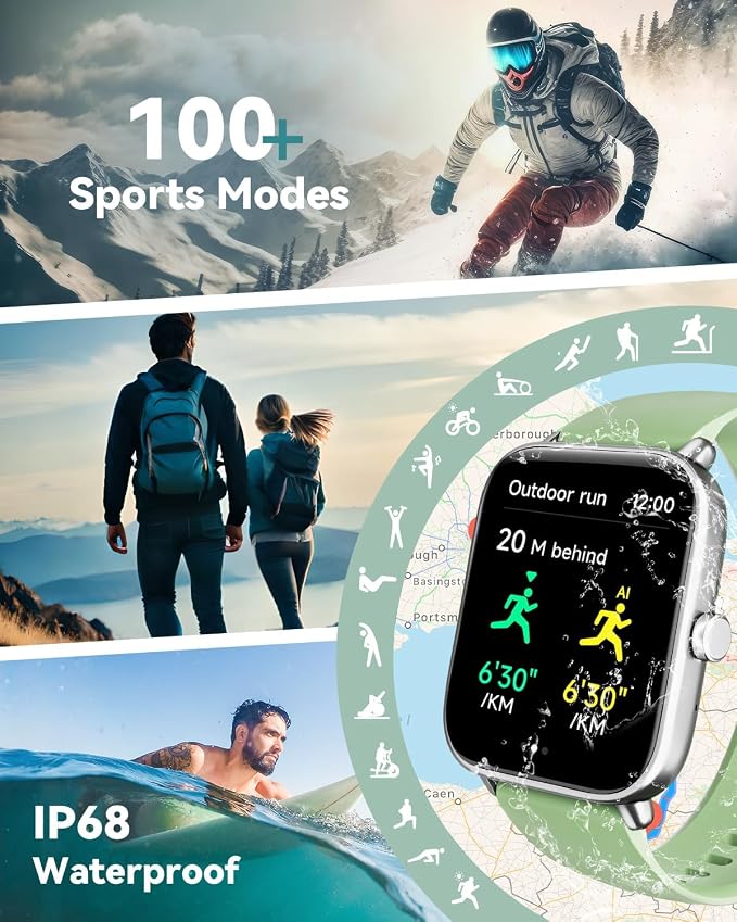 Quican Smart Watch for Women/Men, Compatible for Android Phones and iPhone | Alexa Built-in, 1.8" Fitness Tracker Watches for Women, IP68 Waterproof /Bluetooth Call, Heart Rate/Sleep Monitor, Green