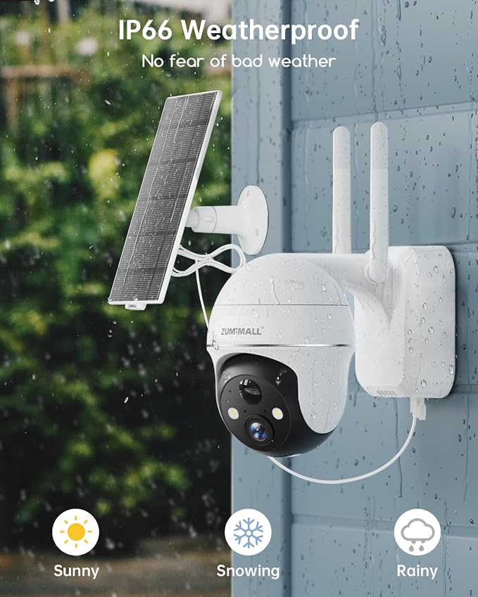 ZUMIMALL Solar Security Cameras Wireless Outdoor, 2K Camera for Home Security with 3MP Color Night Vision, 2.4GHz WiFi, 2-Way Talk, Spotlight & Siren, IP66 Weatherproof, Compatible with Alexa