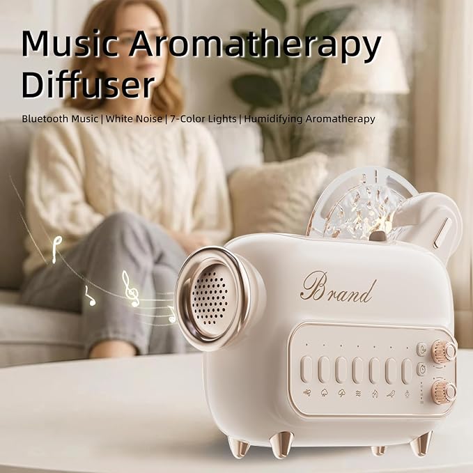 6 in 1 Air Humidifiers for Bedroom Baby, 120 ML Essential Oils Diffusers for Home Office, Ultrasonic Cool Mist Humidifier with Bluetooth Speaker, Projector Light, White Noise, Timer (M8-Cream)