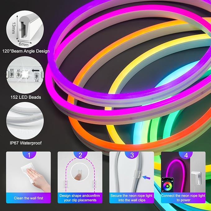 32.8FT 10M Addressable Neon Rope Light, WS2811 RGB LED Chasing Digital Strip Lights MagicRGB Waterproof Silicone Rope Music Sync DIY Design APP Control Dream Color for Gaming Room Wall Decor