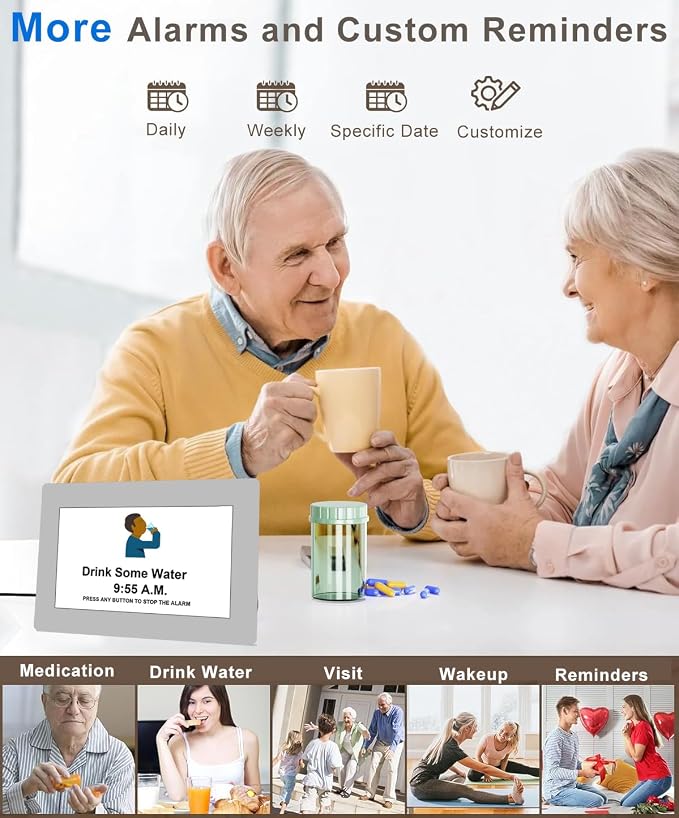 MASSII 𝗨𝗽𝗴𝗿𝗮𝗱𝗲𝗱 Dementia Clock 27 Alarms with Auto DST, DIY Custom Reminders,10 Auto-Dim Options, Non-Abbreviated Digital Clock for Elderly, Memory Battery Included (7 Inch with Remote)