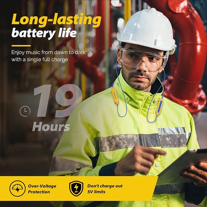 MIPEACE Bluetooth Work Earplugs Headphone,Wireless in-Ear Noise Isolating Earbuds,29dB Noise Reduction Headphone with Control,19+ Hours Battery for Lawn Mowing Safety Industrial Construction(Yellow)