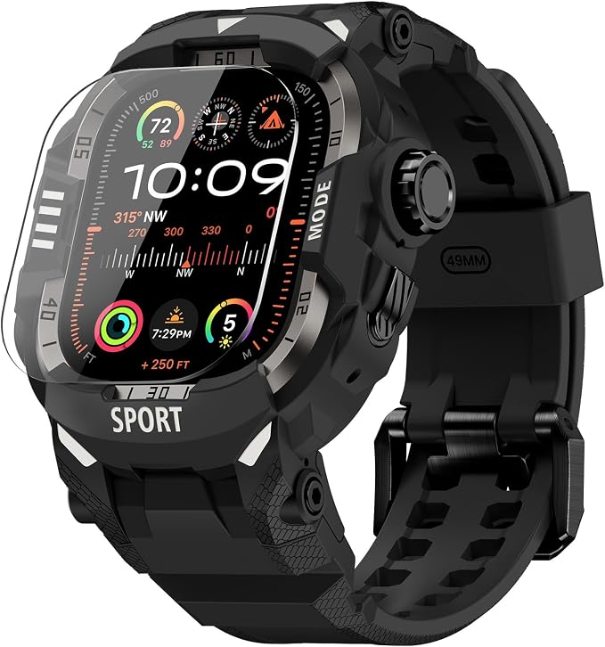 DABAOZA Rugged Case with Band Screen Protector Compatible with Apple Watch 49mm, for iWatch Ultra 3/2/1,Military Grade Shockproof Bumper and Men's Tactical Heavy Duty Strap(Black/Black,49MM)
