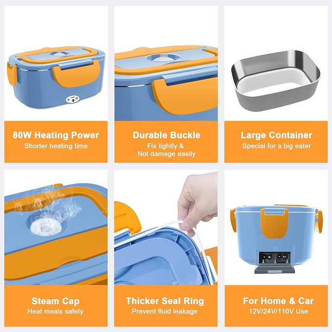 HOLDRUBY Heated Lunch Boxes for Adults, 80W Electric Lunch Box Food Heated 12/24/110V 1.5L Heatable Lunch Box for Car/Truck Leak-Proof Removable Stainless Steel Container, Fork & Spoon, Bag