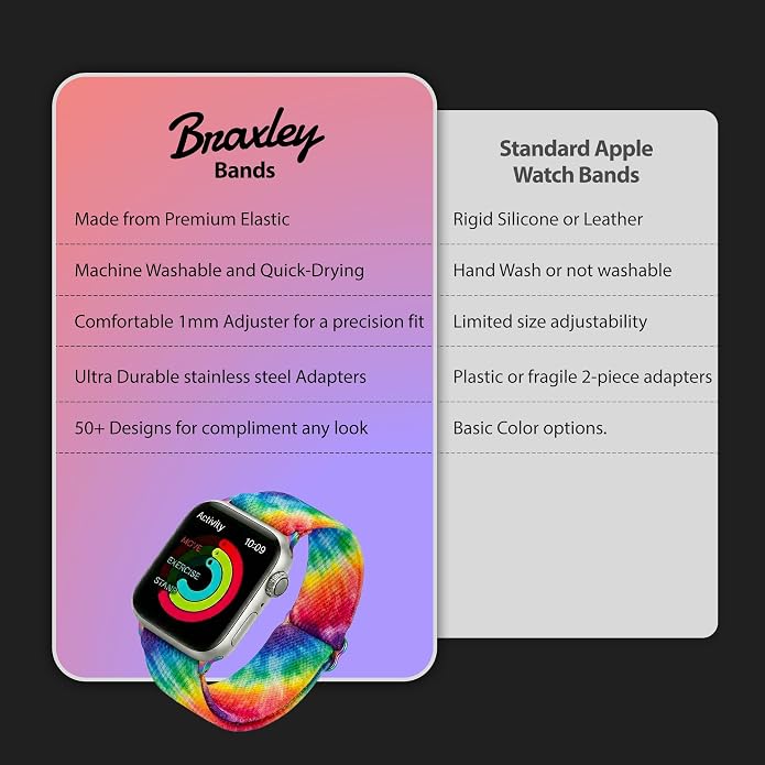 Braxley Bands for Apple Watches - Stretchy and Washable - Adjustable with Apple Watch Bands for Women & Men - Compatible with Apple Watch Series SE Ultra 9 8 7 6 5 4 3 2 1