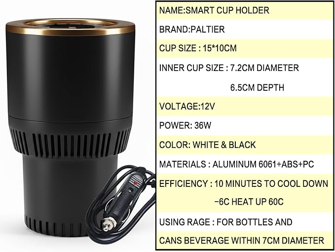 Auto Car Cup Holder Heating Cooling Drinks Smart Cooler Warmer Heater for Coffee Beverage Milk (Black with Gold)