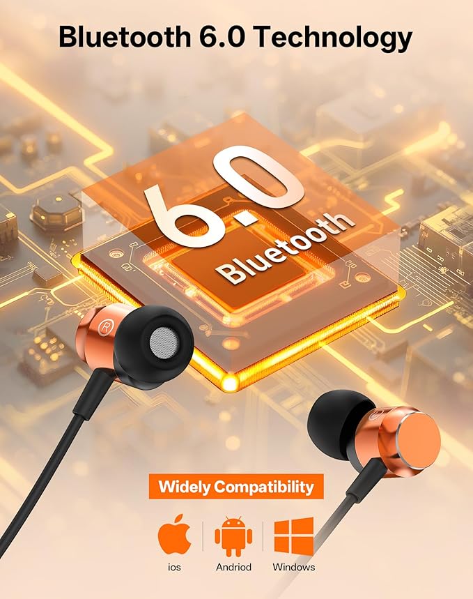 Neckband Bluetooth Headphones, Wireless Bluetooth 6.0 Earbuds with Microphone, Comfortably Light, Deep Bass Earphones 35H Playtime, IPX5 Waterproof, Magnetic Headset for Workout (Deep Orange)