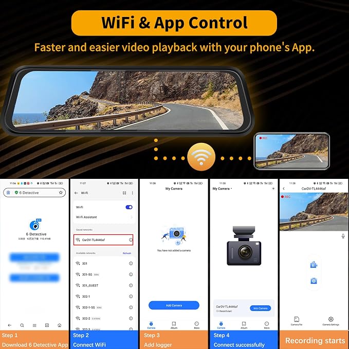 3 Channel 9.66'' WiFi Mirror Dash Cam with Front and Rear Camera IPS Touch Screen,Triple Rear View Mirror Camera with App Recording,64GB TF Card,Loop Recording,Night Vision, G-Sensor Parking Monitor