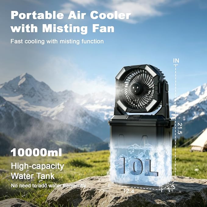 20000mAh Portable Misting Fan with 10L Large Water Bucket, 3-Speed Outdoor Floor Fan with Mist, USB Rechargeable Battery Powered Misting System for Patios, Camping, Beach, Golf and Picnic