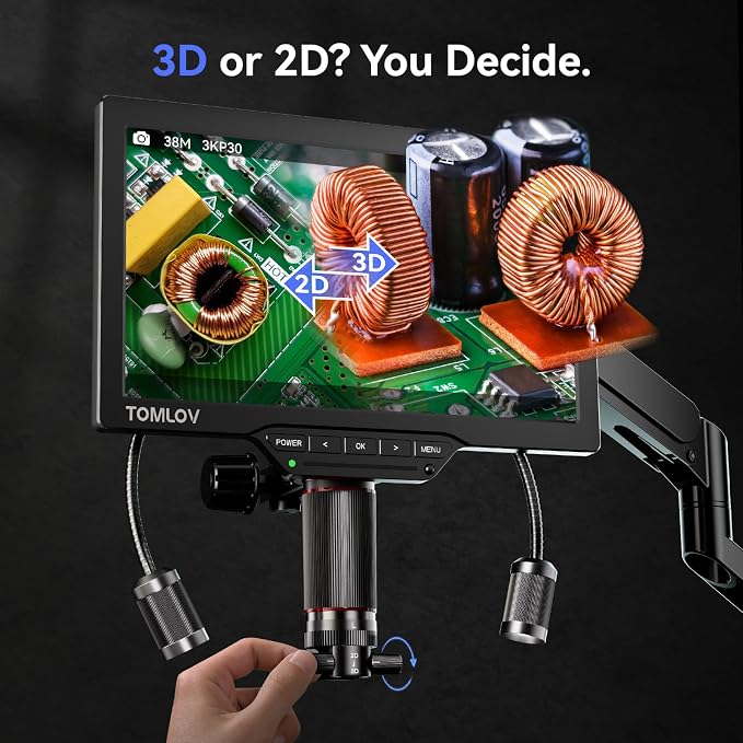 TOMLOV 3D Digital Microscope for Soldering: Magnetic Dual Lens Micro Scope TM3K-3D for Adult, Coin Microscope with Flex Arm, 3K 7-Inch IPS Screen, HDMI/USB Output, Gooseneck Light, Repair Mat, 16GB