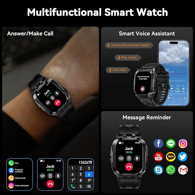AMAZTIM Smart Watch for Men, 130 Days Extra-Long Battery, 1.96" Full Metal Rugged Military Watch, 50M Waterproof, Flashlight, 24/7 Heart Rate Sleep Monitor, Answer/Dial Calls, for Android & iOS