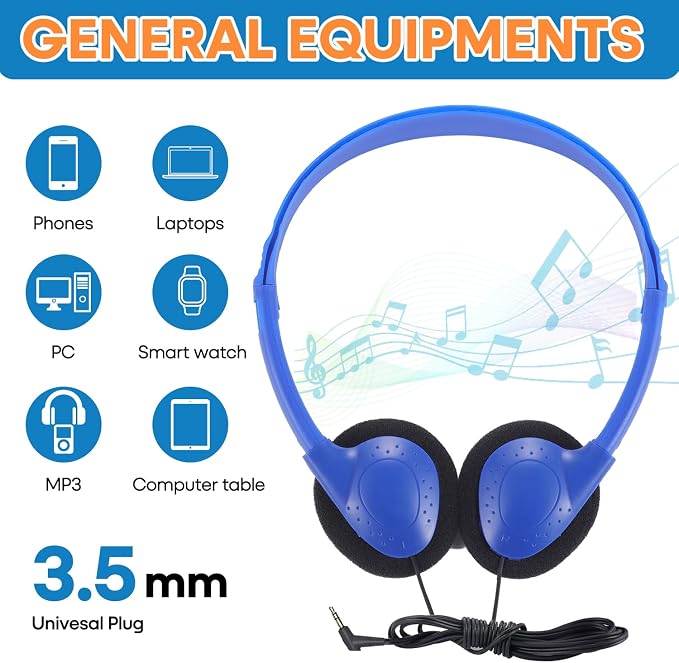 Kids Headphones Bulk 25 Pack for School Classroom Students, Wholesale Wired Headphones Durable Class Set Earphones for Children Toddler Teens Boys Girls and Adult (HY857,25 Blue)