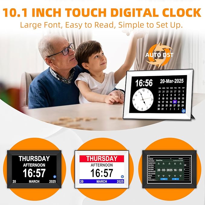 10.1" Touchscreen Digital Calendar Alarm Clock, Dementia Clocks for Seniors Extra Large Display Clock with Day and Date for Elderly, 40 Reminders&64 Alarms&Auto-Dimming&Auto DST(Black)