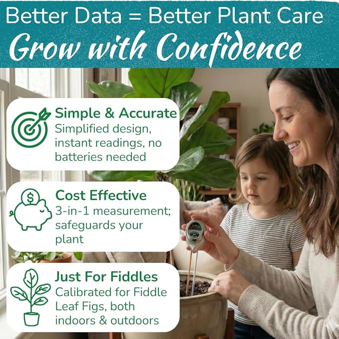 Houseplant Resource Center Fiddle Leaf Fig 3-in-1 Soil Moisture Meter for Plants – Best Indoor Plant Water Meter for Potted Houseplants - Light & Moisture Sensor Probe for Optimal Growth