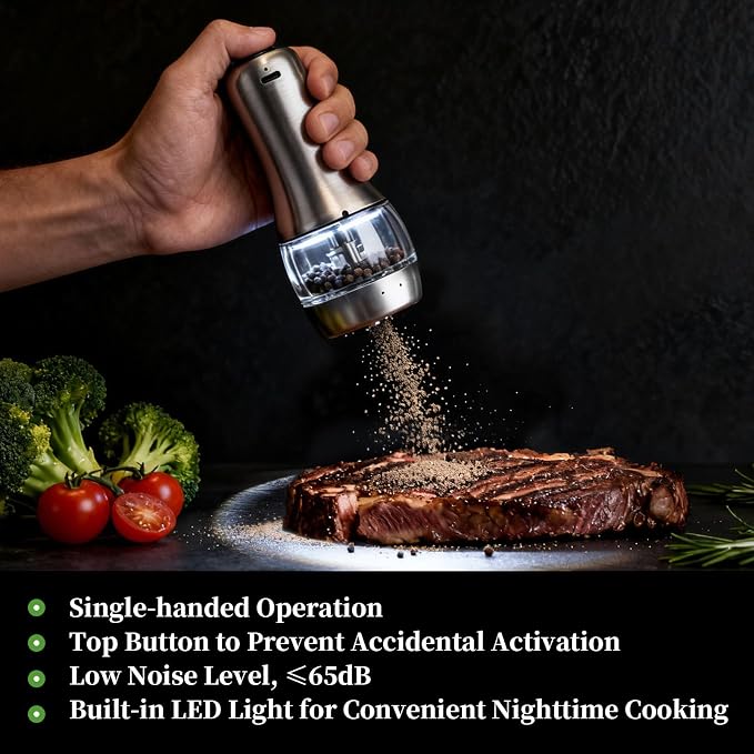 Electric Salt and Pepper Grinder Set of 2 - USB-C Rechargeable Automatic Salt Grinder, Stainless Steel Pepper Mill with LED Light, 5 Adjustable Coarseness, Tray & Brush Included