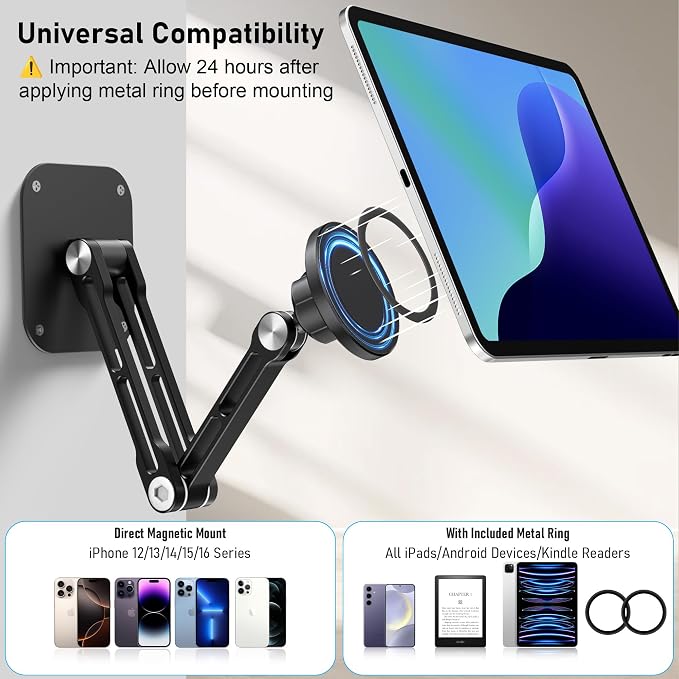 Magnetic iPad Wall Mount, NINEFATICS Aluminum Dual-Arm Tablet Wall Mount Holder, 360° Multi-Angle Adjustable, Foldable Wall iPad Mount for 4.7-15.6" iPad Pro/Air/Mini, Phones & Tablets, Strong Magnets