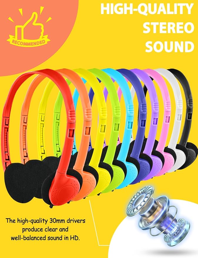 100 Pack Classroom Headphones Bulk for Students Kids Schools, Wholesale Wired Multi Color 3.5mm On Ear Class Set Headphones for Library Chromebook Laptop PC Computer