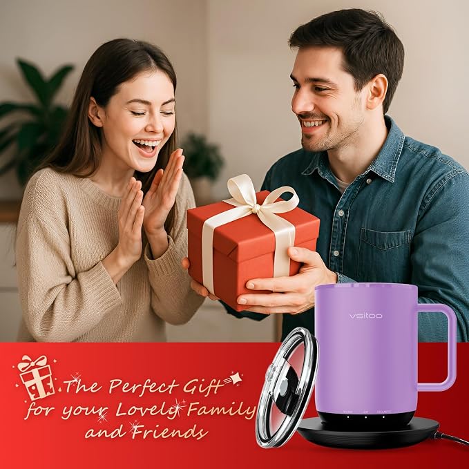 VSITOO S3 Plus 14oz Self Heating Coffee Mug with Auto-Sensing AI - Smart Rechargeable Heated Mug, Temperature Control 120-150℉, IPX7 Waterproof, Coffee Warmer Gift for Women Men-Purple