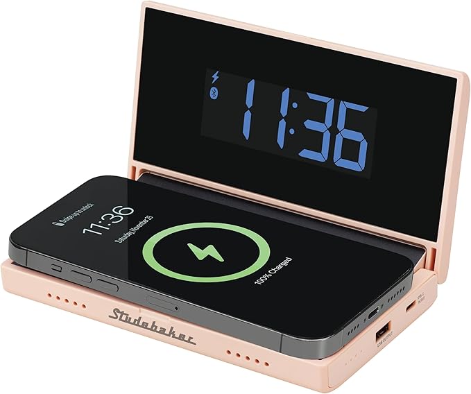 Studebaker Techmate All-in-One: Portable Travel Clock, Wireless & Wired Phone Charger, Bluetooth Speaker, and Power Bank (Rose Gold)
