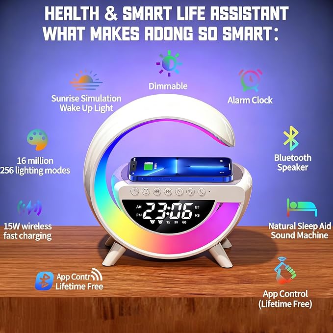 15w Wireless Charging Ambient Light Bluetooth Speaker Alarm Clock Multifunctional G-Type Colorful Bedroom Light Desktop Creative Ornament