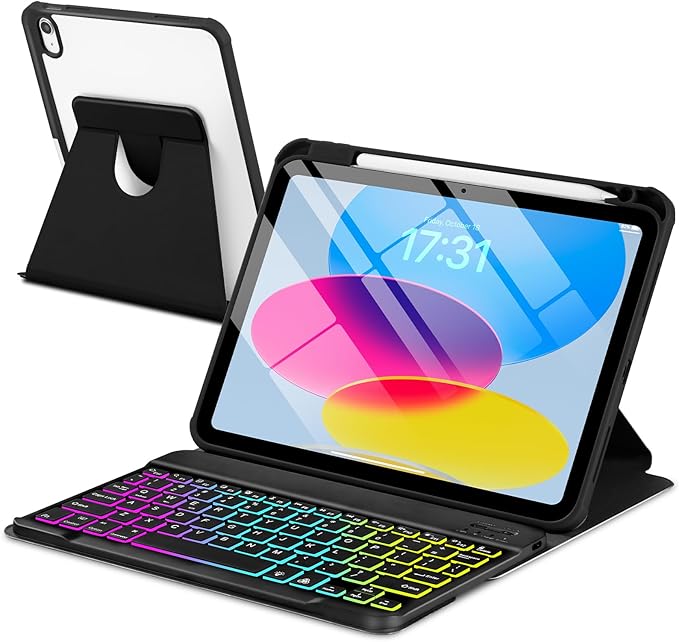 EAMPANG Case with Keyboard for iPad A16 11th 10th Generation 11/10.9 inch,Rainbow Backlit Detachable Keypad Rotatable Magnetic Cover with Pencil Holder for iPad 11 2025 10 Gen 2022 Black