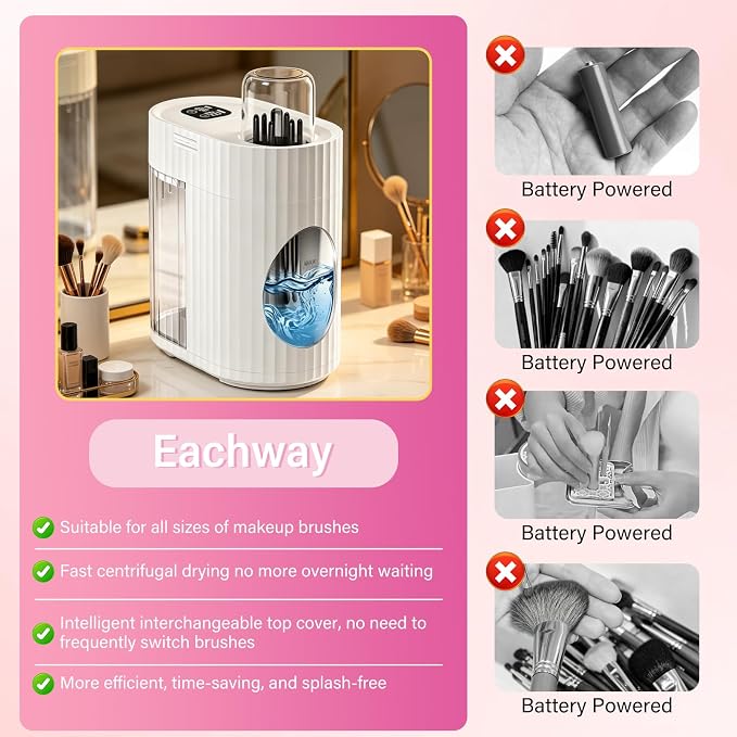 Electric Makeup Brush Cleaner Machine, 3-IN-1 Automatic Cleaning & Fast Drying, 1200RPM High-speed Spinning, Adjustable Timer, LED Display, 7 Slots for All Brush Sizes, USB Powered, Pure White
