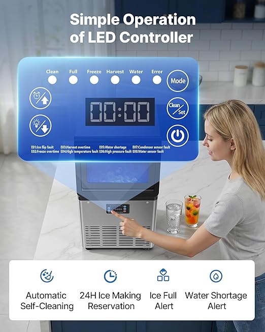 VEVOR Commercial Ice Maker Machine, 80 lbs/24h with 13 lbs Storage Capacity, Countertop/Freestanding/Under Counter, Stainless Steel Ice Maker with LED Display & Self-Cleaning, for Home Bar Restaurant