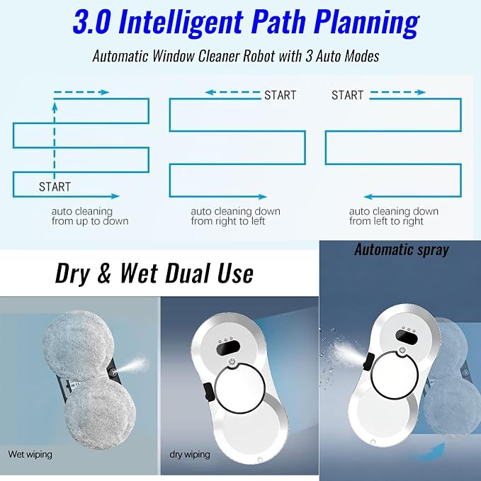 Iopsk Window Cleaning Robot, Automatic Window Cleaner with Water Spray, 5600Pa Suction, 3.0 Path Planning, Remote Control, for Indoor Outdoor Windows Glass Tiles Door