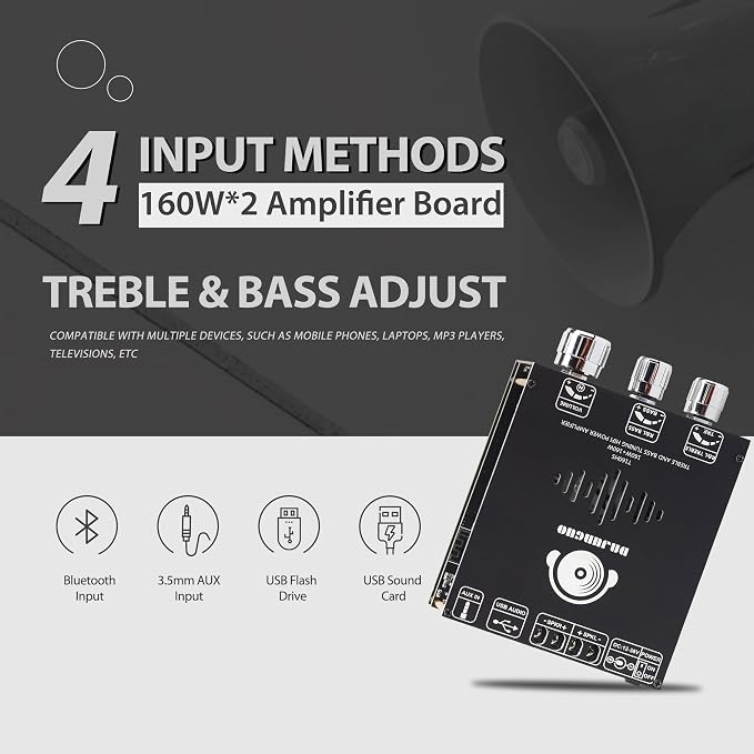 320W Audio Amplifier Board with Treble and Bass Control, DC 12-36V, Bluetooth 5.2 and AUX Inputs, 2.0 Channel Stereo AMP Board for DIY Wireless Speakers (Black3 T160HS)