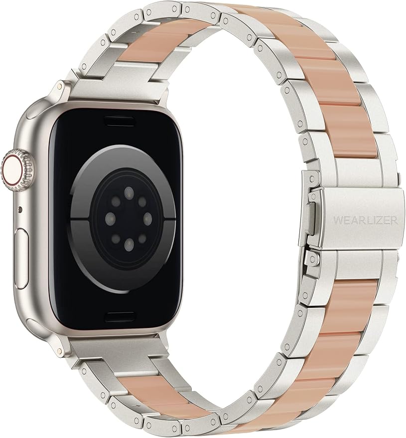 Wearlizer Compatible with Apple Watch Band 42/44/45/46/9mm Fashion Wristbands Womens, Stainless Steel+Resin Metal Replacement for iWatch Series 11 10 9 8 7 6 5 4 3 SE/Ultra 3 2 1-Starlight+Rose Gold