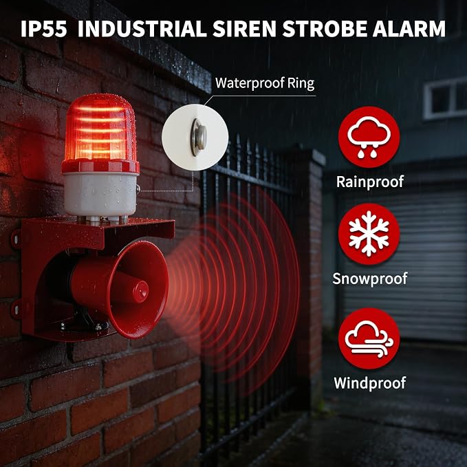 AC110V Industrial Siren Alarm Strobe Light-120dB Loud Horn&Waterproof Red Beacon Warning Light for Emergency,Factory,Fires,Tornado,Intruder Deterrent (AC110V Red Light (Switch,0-120dB))