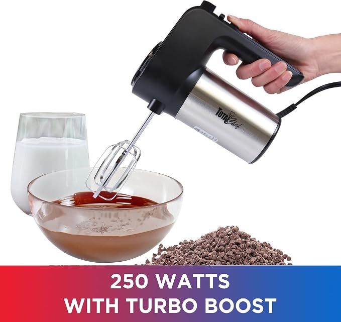 Total Chef TCHM02 6-Speed Hand Mixer, 250 Watts with Turbo Boost, Beaters and Dough Hooks,Multi-Function Mixing Stainless Steel, Countertop, Black/Gray