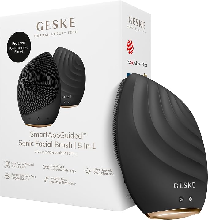 GESKE SmartAppGuided™ Sonic Facial Brush 5 in 1 | Vibrating Electric Facial Cleansing Brush | Soft Silicone Brush | Professional Facial Cleanser | Skin Cleanser & Exfoliator | Face Massager