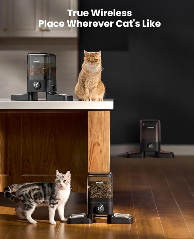 oneisall Cordless 2.4Ghz WiFi Automatic Cat Feeder for 2 Cats, Rechargeable 100-Day Battery Operated Auto Cat Feeder, 20 Cups/5L Timed Cats Food Dispenser Automatic for Large Kibble, Smart App Control