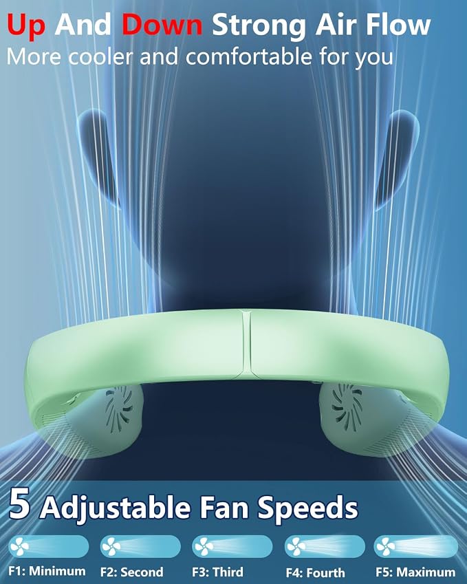 Neck Fan that Blow Cold Air with Water Mist, Rechargable USB-C & LED Display, Personal Ventilador de Agua de Aire Frio, Mobile Portable Wearable AC Fans for Kid Girl Mens Outdoor Travel Sports, Green