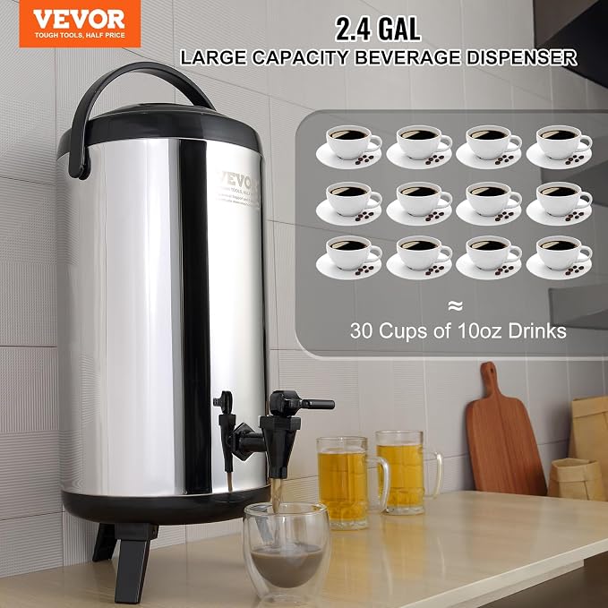 VEVOR Stainless Steel Insulated Beverage Dispenser, 2.4 Gallon 9.2 Liter, Thermal Hot and Cold Drink Server Dispenser with Spigot Handle, Food-grade for Hot Tea Coffee Water Restaurant Drink Shop