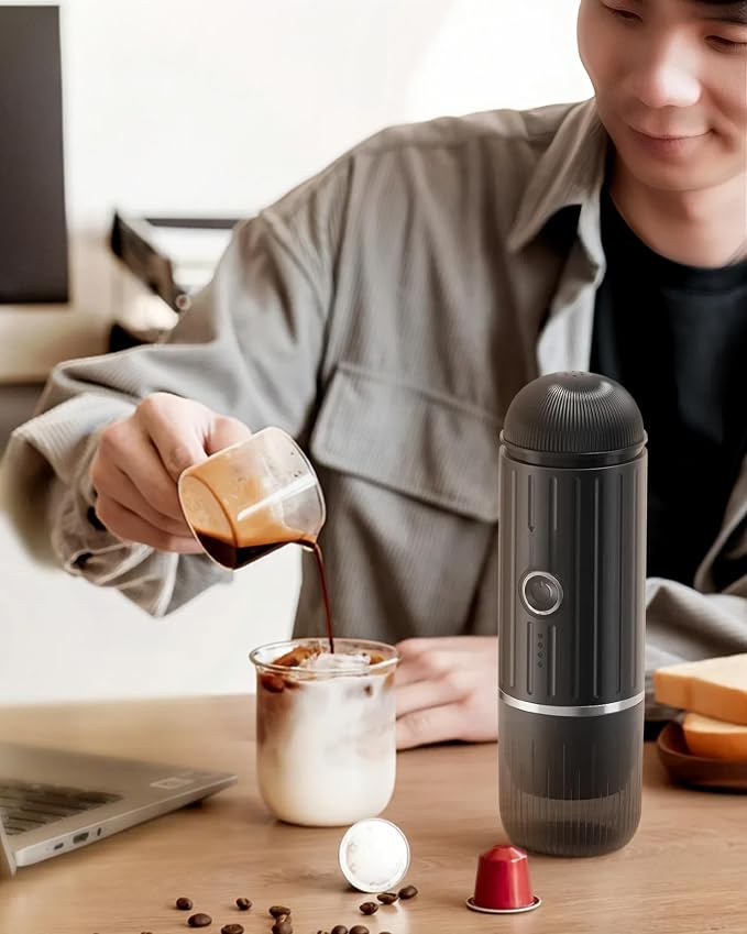 Portable Espresso Machine with 3-4 Min Self-heating, 12V Rechargeable Electric Coffee Machine 19 Bar Compatible with NS Capsules and Ground Coffee for Car Camping Travelling