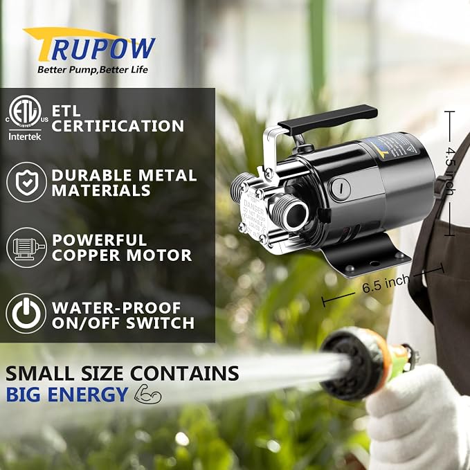 Trupow 1/10HP 330GPH 115-Volt Mini Portable Electric Utility Sump Transfer Water Pump with ON/OFF Switch(Only Pump)