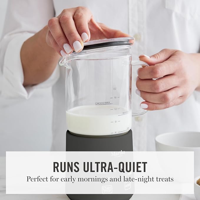 Martha Stewart Milk Frother and Steamer, 10oz/300ml Glass Cup, 4 Presets (Cold Foam, Light, Dense & Hot Chocolate), Ready in 90 Seconds, Cordless Pouring, One-Touch for Hot and Cold Milk, Caviar Gray