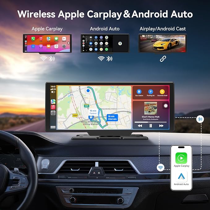 Portable Apple Carplay Screen for Car, 10" Wireless Car Play Touchscreen with 4K Dash Cam, 1080P Backup Camera, Carplay&Android Auto, Loop Recording, GPS Navigation, Bluetooth
